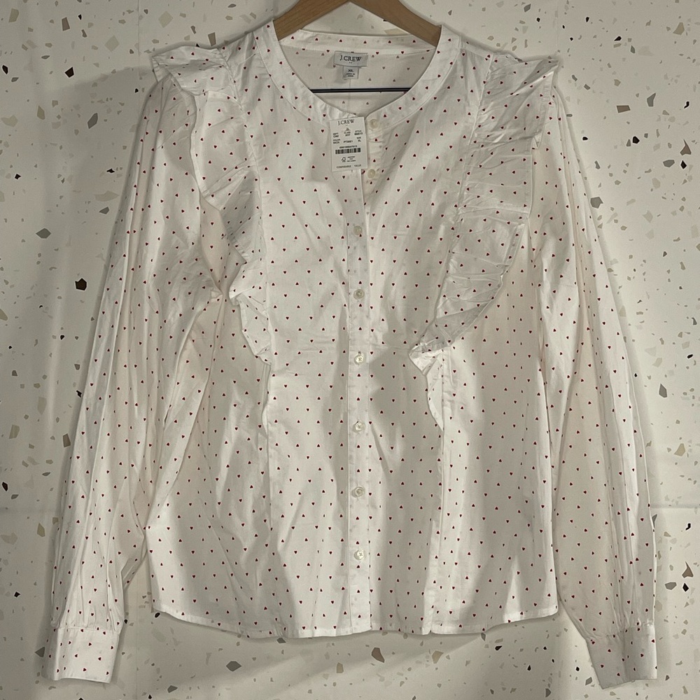 J Crew heart print ruffle cotton poplin blouse